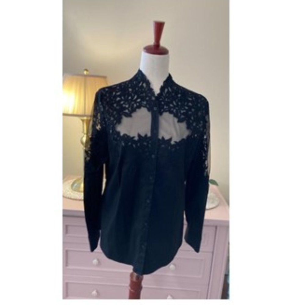 White House Black Market Sheer Lace-Accent Black Blouse - Picture 5 of 10
